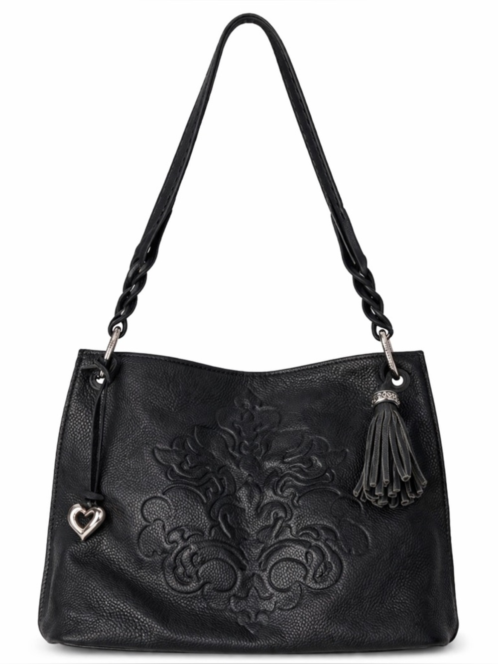 Brighton Black Leather Embossed Scroll Shoulder Bag Tassel Purse Boho Luxe